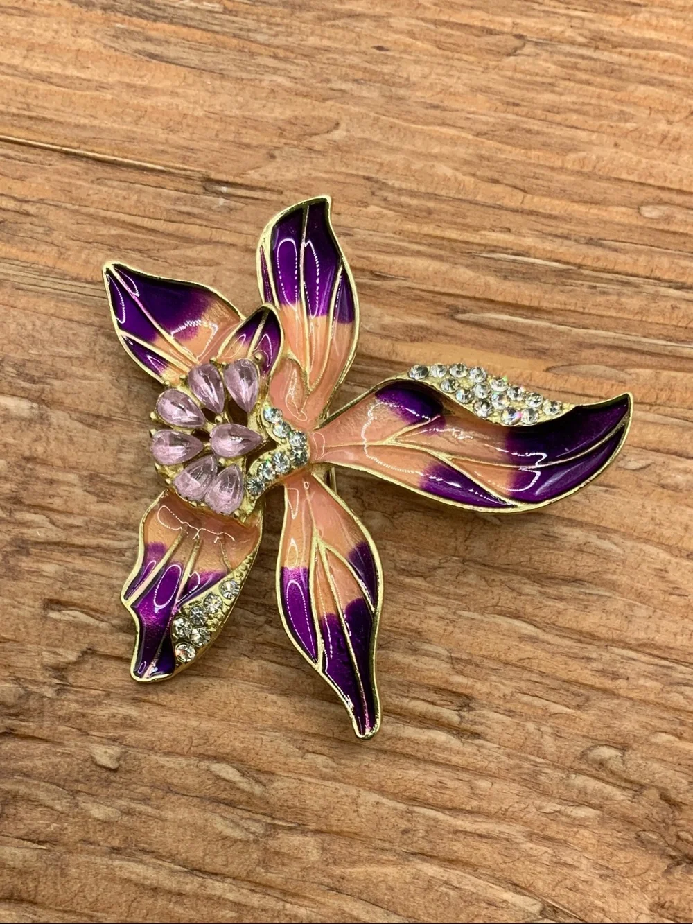 Floral Iris or Orchid Enamel and Crystal Accents Purple and Peach Brooch